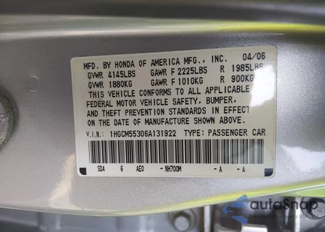 2006 Honda Accord 2.4 Se from USA, damaged, VIN 1HGCM55306A131922